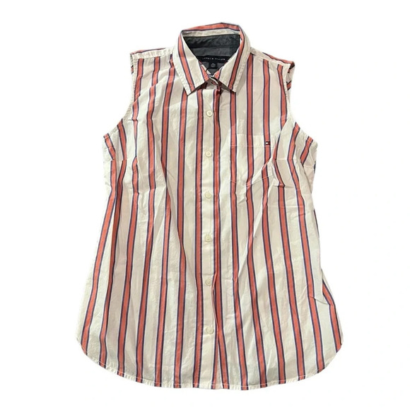 Tommy Hilfiger‎ Women's Sleeveless Orange & White Stripe Button Up Shirt Size XS - Picture 2 of 4